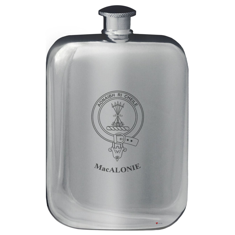 MacAlonie Family Crest Design Pocket Hip Flask 6oz Rounded Polished Pewter-image-OPC-P7CXPD8-NEW