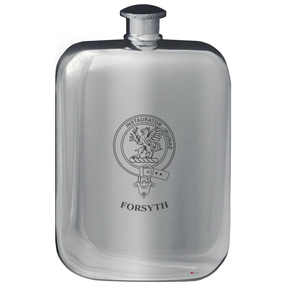 Forsyth Family Crest Design Pocket Hip Flask 6oz Rounded Polished Pewter-image-OPC-P7CXPHY-NEW