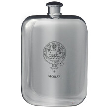 Moray Family Crest Design Pocket Hip Flask 6oz Rounded Polished Pewter