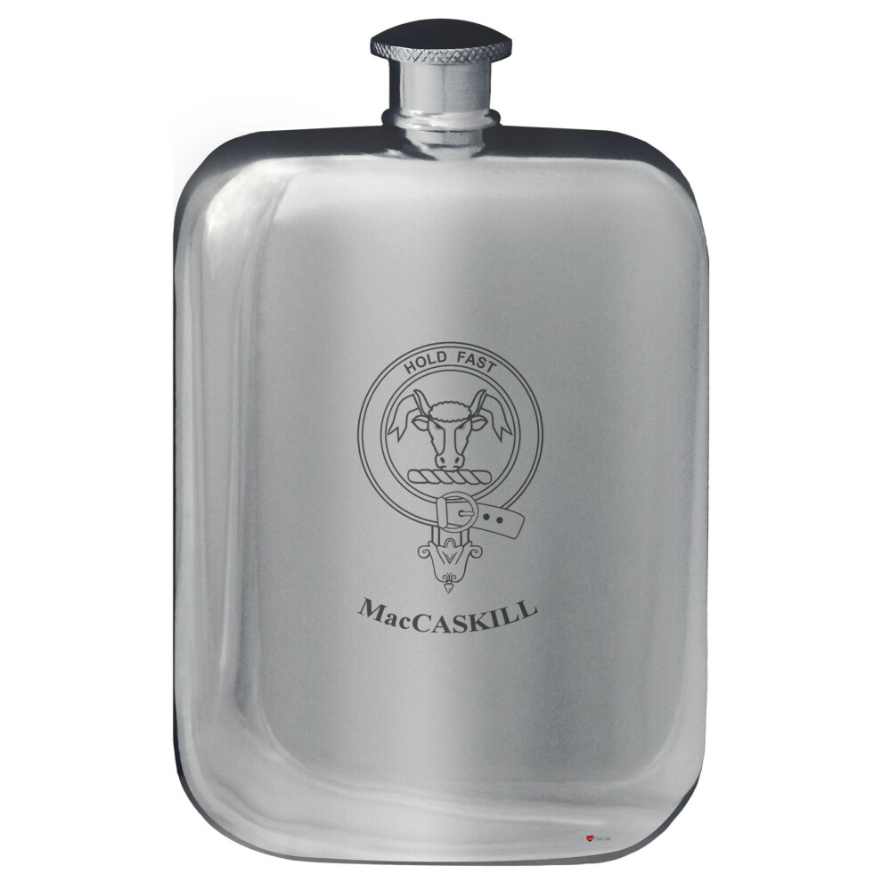 MacCaskill Family Crest Design Pocket Hip Flask 6oz Rounded Polished Pewter-image-OPC-P7CXQS6-NEW
