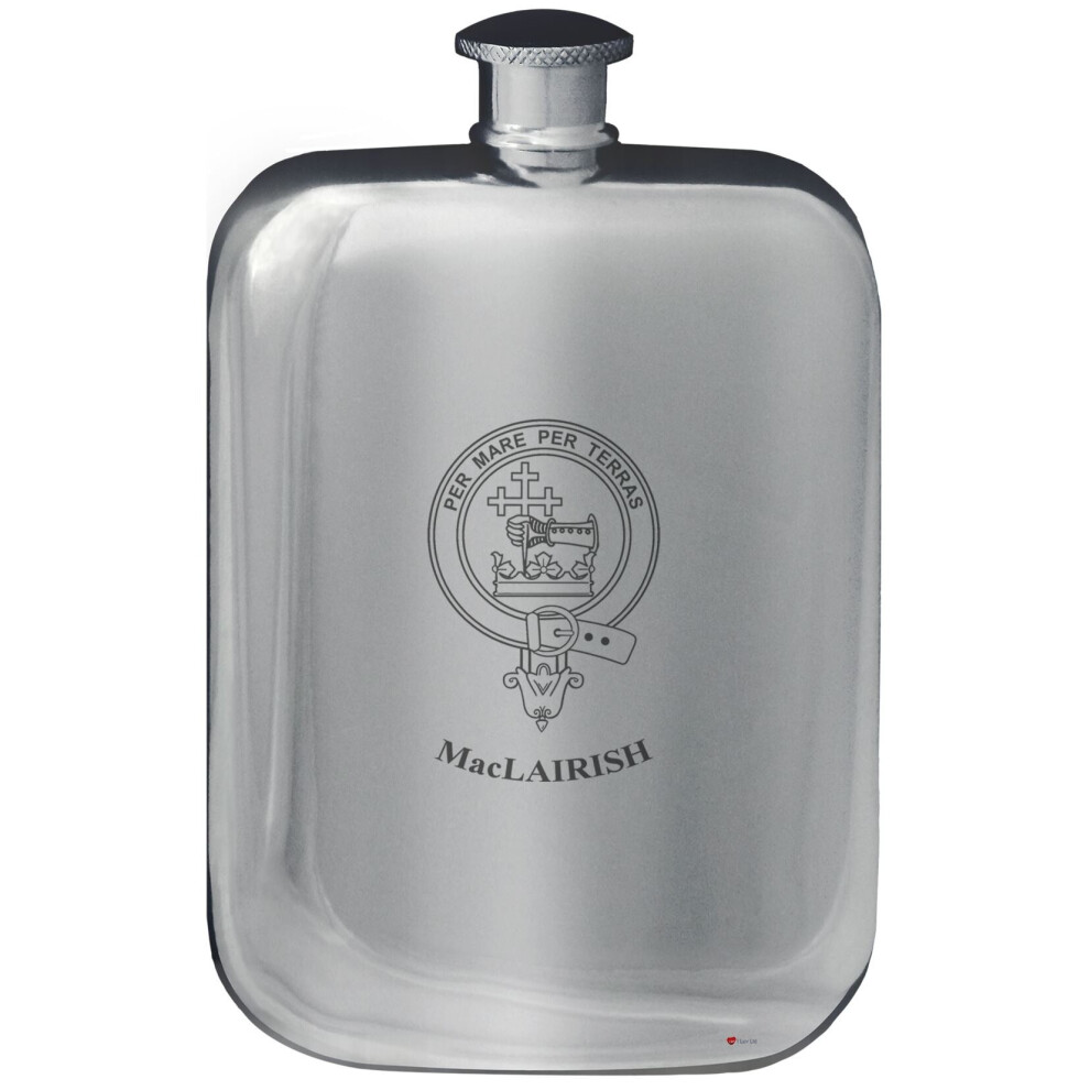 MacLairish Family Crest Design Pocket Hip Flask 6oz Rounded Polished Pewter-image-OPC-P7CXQR6-NEW