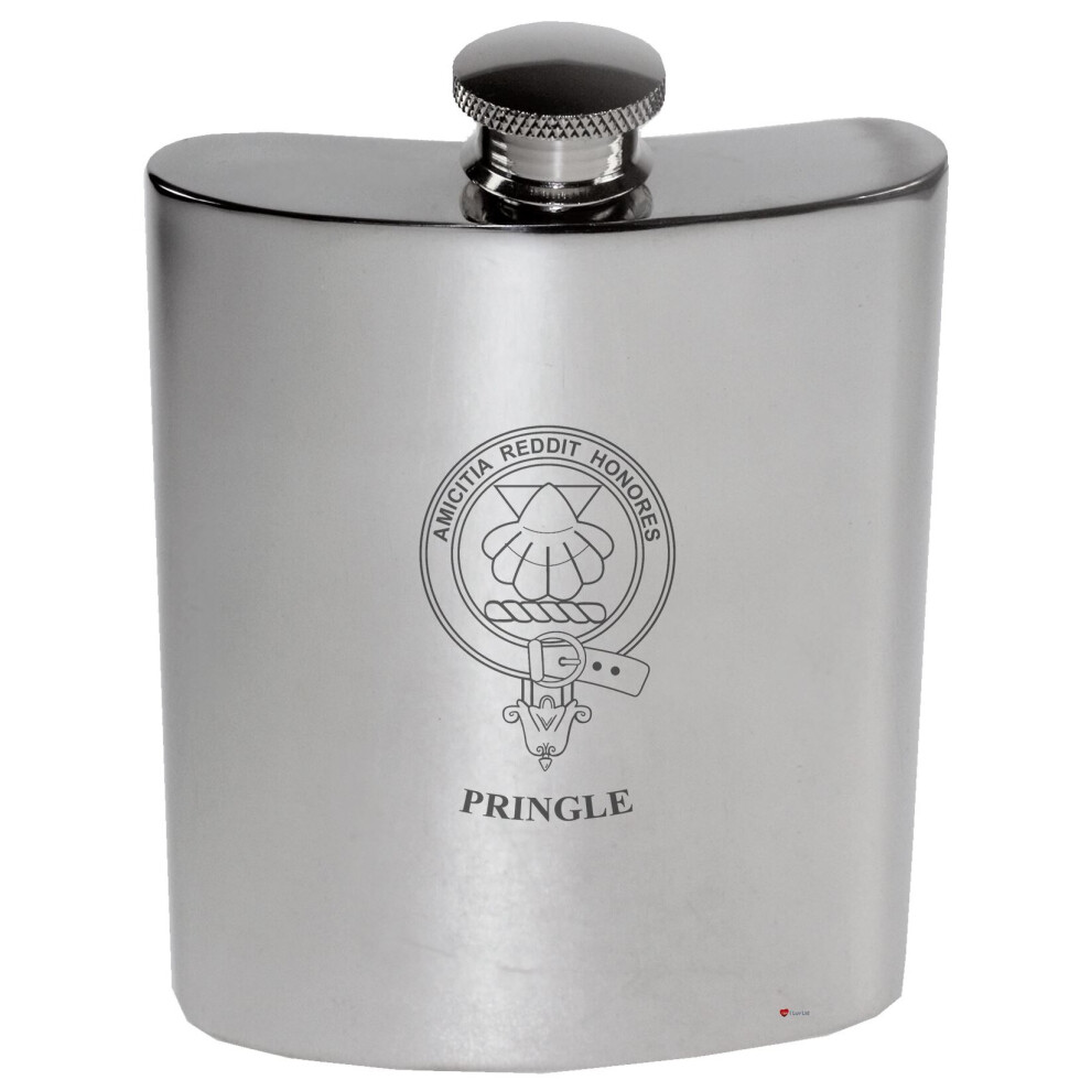 Pringle Family Crest 6oz Polished Pewter Kidney Flask-image-OPC-P7CXR6Y-NEW