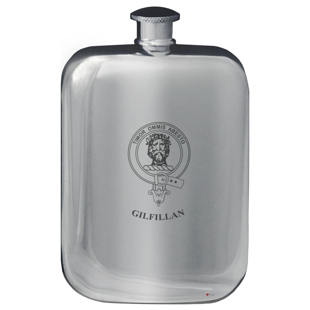Gilfillan Family Crest Design Pocket Hip Flask 6oz Rounded Polished Pewter-image-OPC-P7CXR5S-NEW