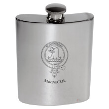 MacNicol Family Crest 6oz Polished Pewter Kidney Flask