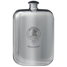 MacLennan Family Crest Design Pocket Hip Flask 6oz Rounded Polished Pewter