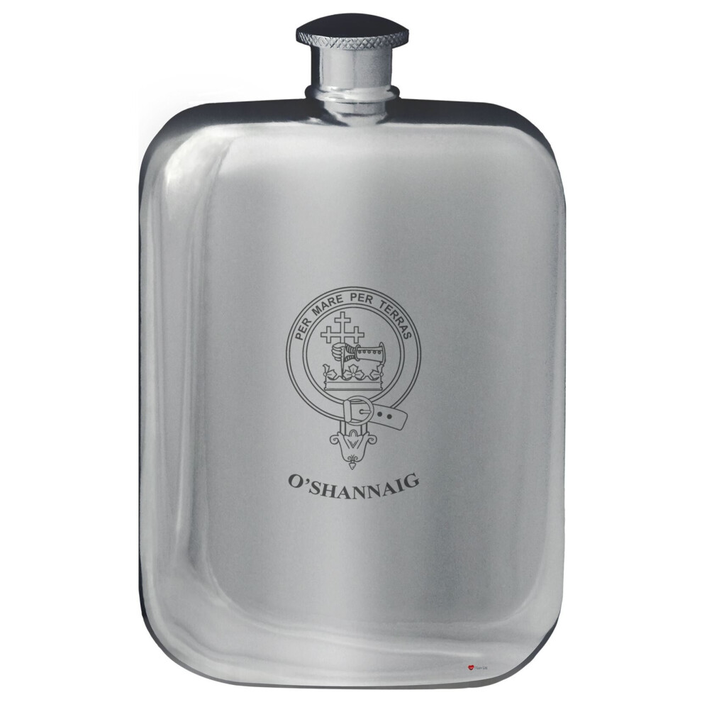 OShannaig Family Crest Design Pocket Hip Flask 6oz Rounded Polished Pewter-image-OPC-P7CXRJY-NEW