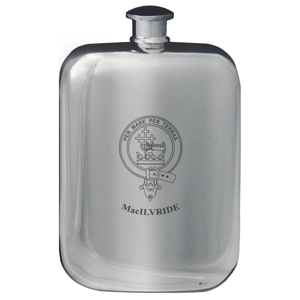 MacIlvride Family Crest Design Pocket Hip Flask 6oz Rounded Polished Pewter-image-OPC-P7CXMSH-NEW