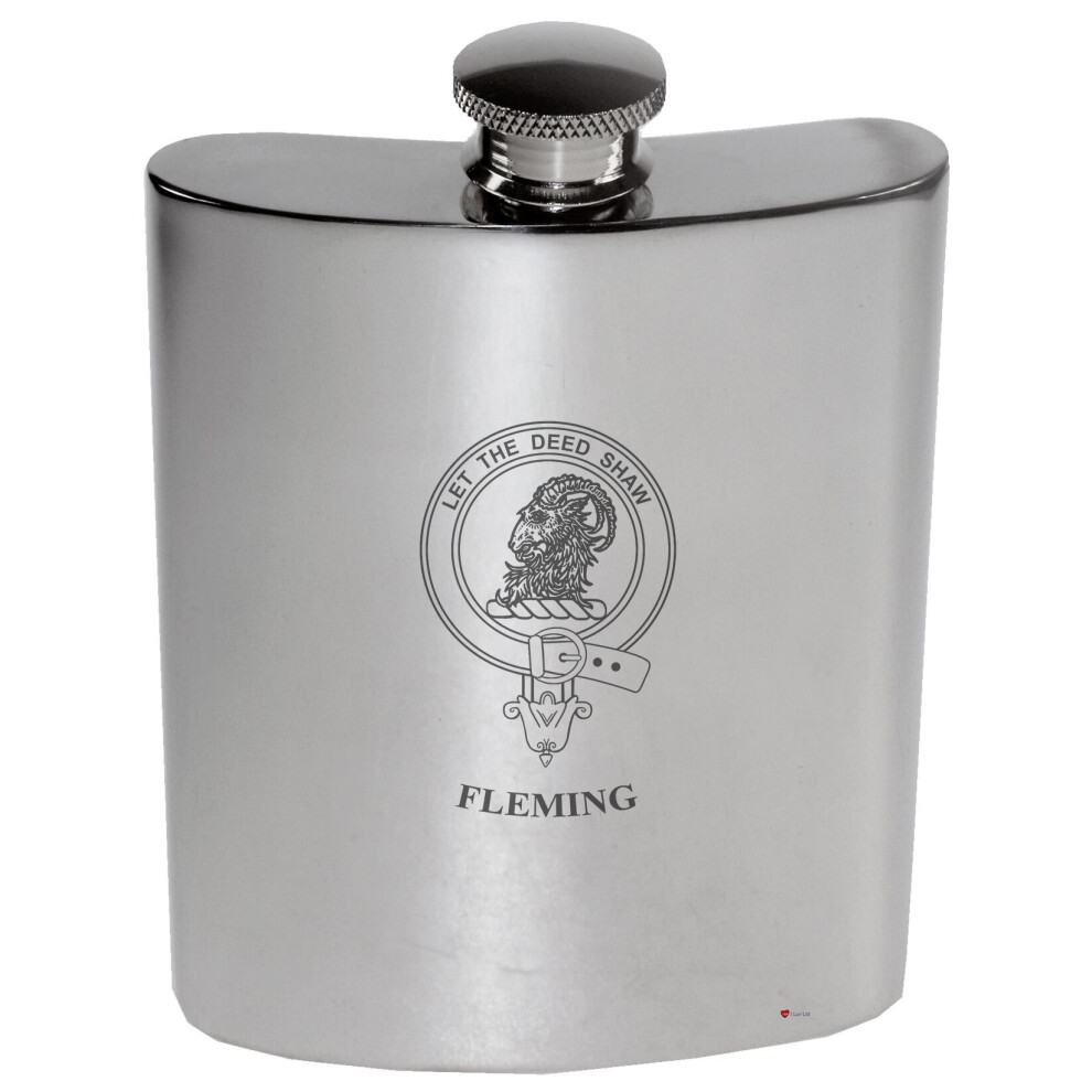 Fleming Family Crest 6oz Polished Pewter Kidney Flask-image-OPC-P7CXMT9-NEW