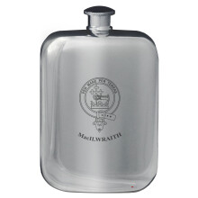 MacIlwraith Family Crest Design Pocket Hip Flask 6oz Rounded Polished Pewter