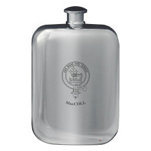 MacColl Family Crest Design Pocket Hip Flask 6oz Rounded Polished Pewter