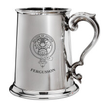 Fergusson Family Crest Polished Pewter 1 Pint Tankard with Scroll Handle