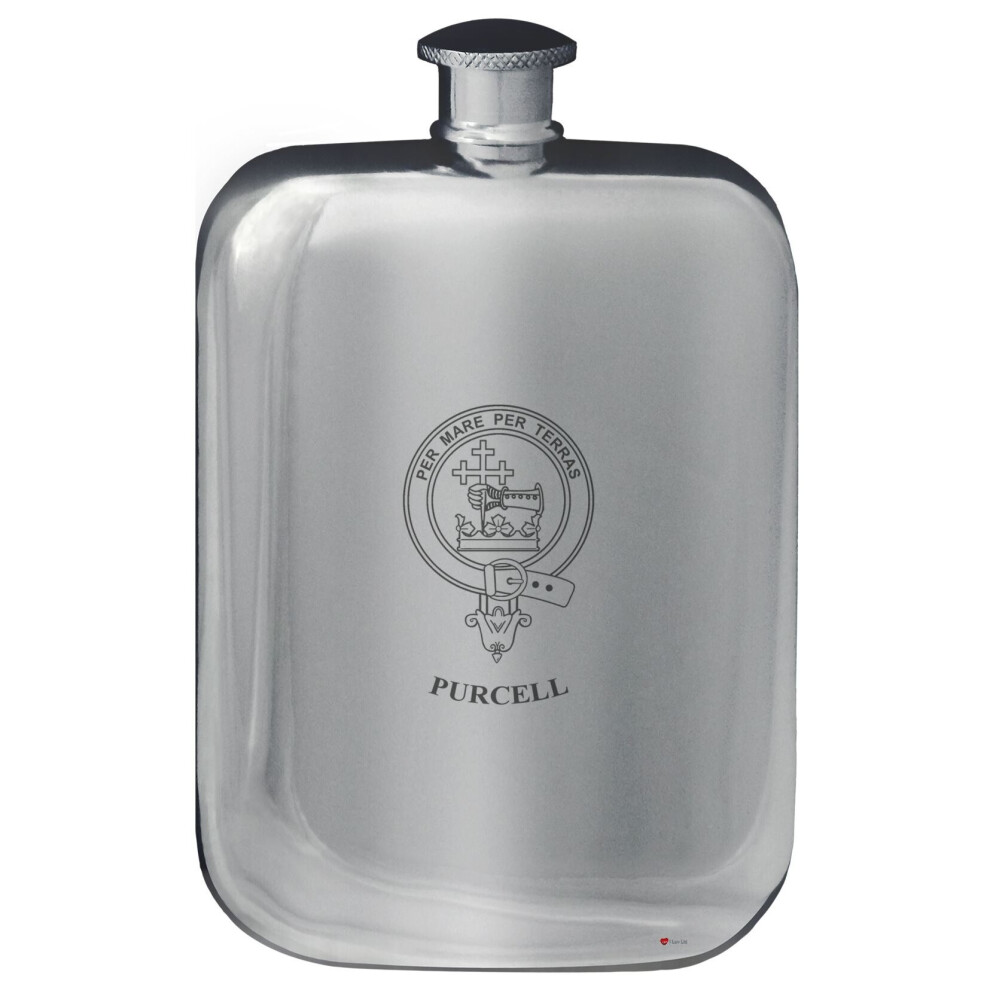 Purcell Family Crest Design Pocket Hip Flask 6oz Rounded Polished Pewter-image-OPC-P7CXSNZ-NEW
