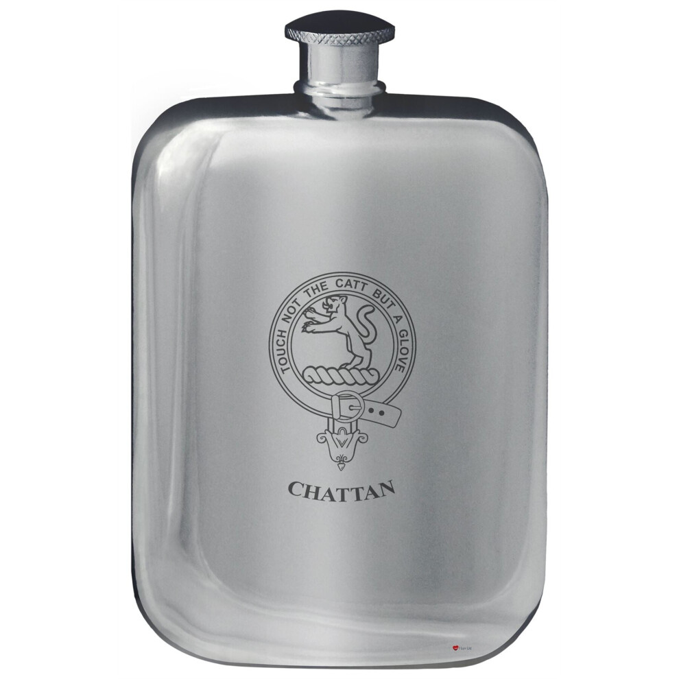 Chattan Family Crest Design Pocket Hip Flask 6oz Rounded Polished Pewter-image-OPC-P7CXSVX-NEW