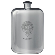 MacOmish Family Crest Design Pocket Hip Flask 6oz Rounded Polished Pewter