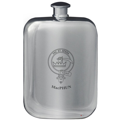 MacPhun Family Crest Design Pocket Hip Flask 6oz Rounded Polished Pewter