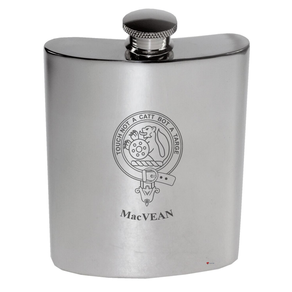 MacVean Family Crest 6oz Polished Pewter Kidney Flask-image-OPC-P7CXVGS-NEW