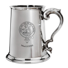 MacLeish Family Crest Polished Pewter 1 Pint Tankard with Scroll Handle