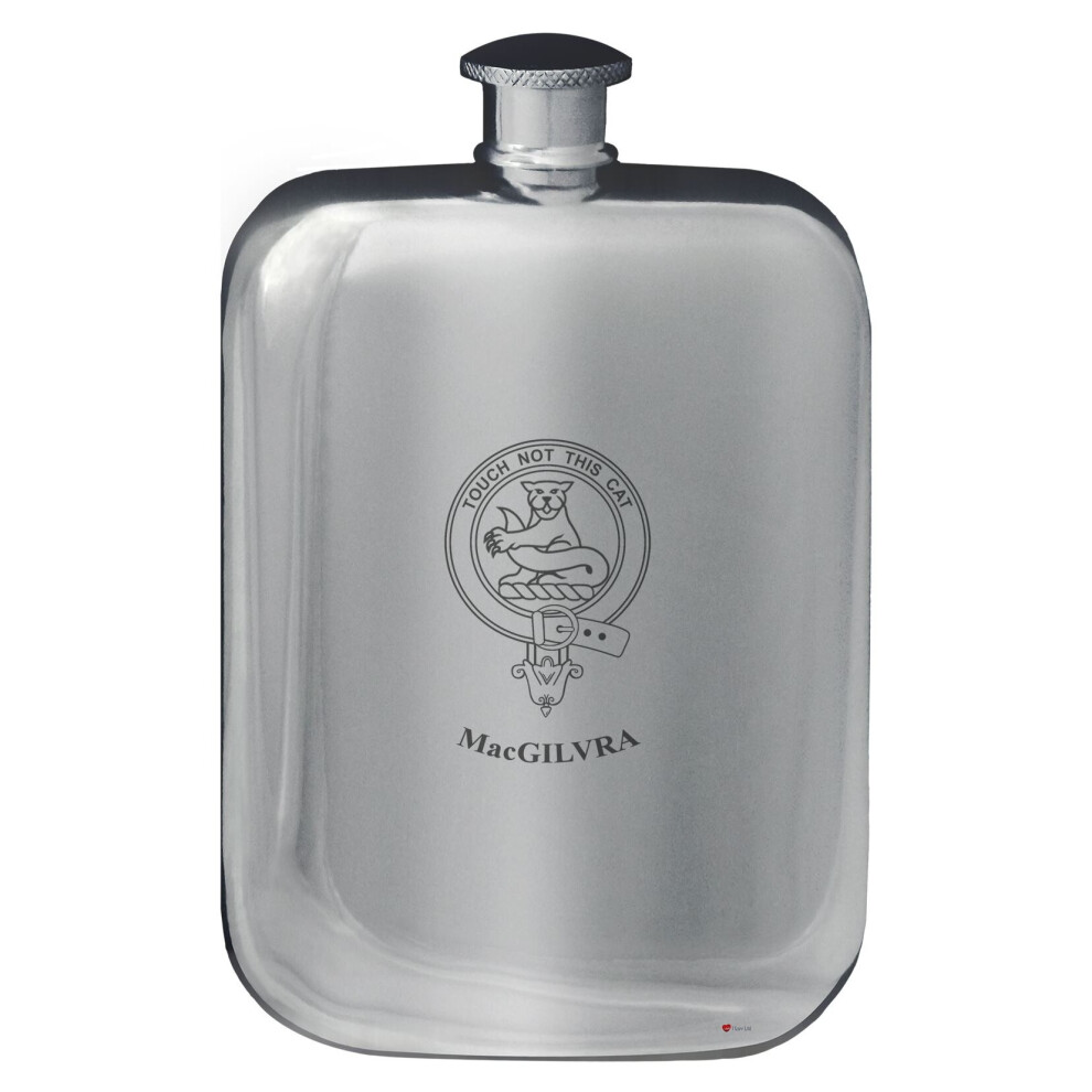 MacGilvra Family Crest Design Pocket Hip Flask 6oz Rounded Polished Pewter-image-OPC-P7CXWKX-NEW