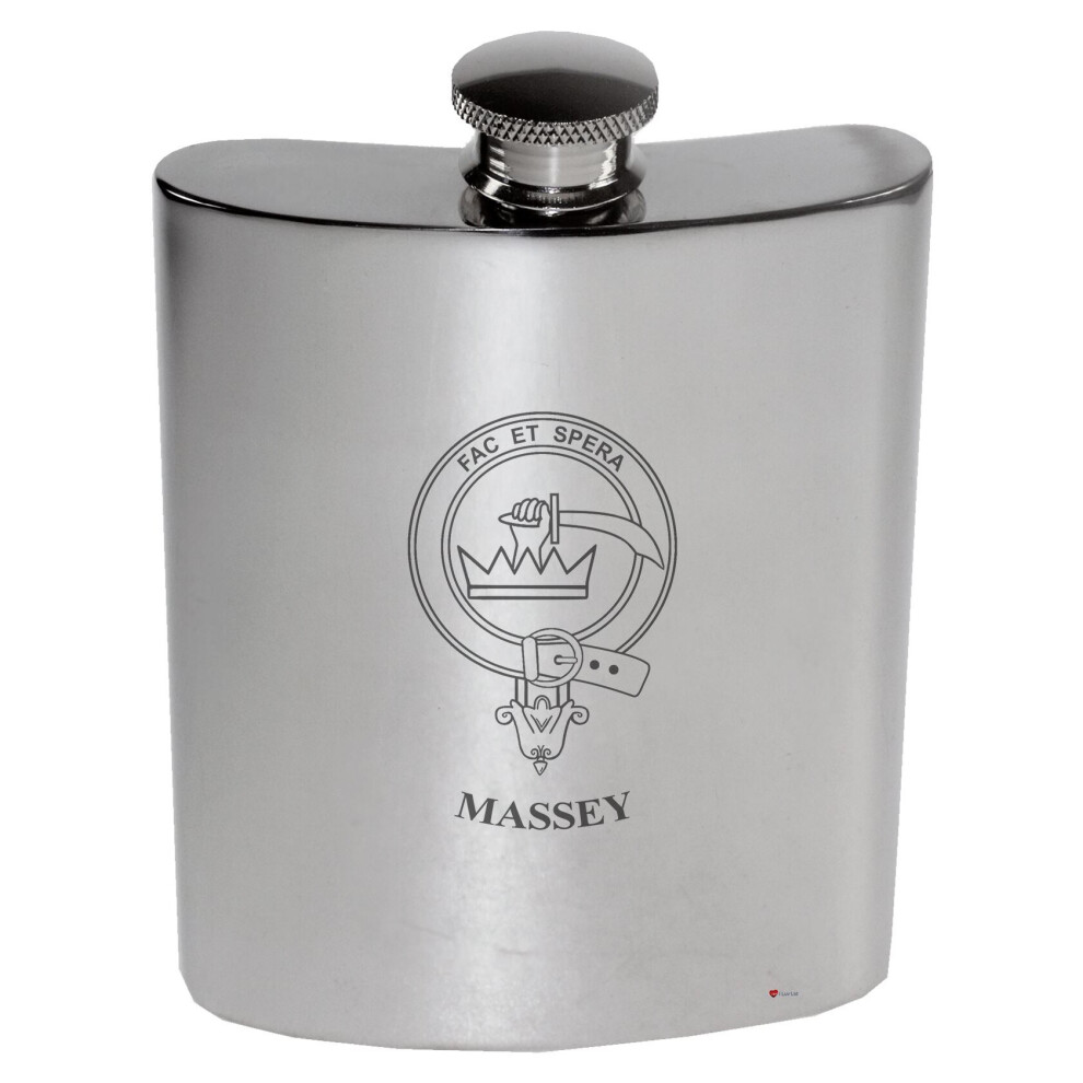 Massey Family Crest 6oz Polished Pewter Kidney Flask-image-OPC-P7CXWMQ-NEW
