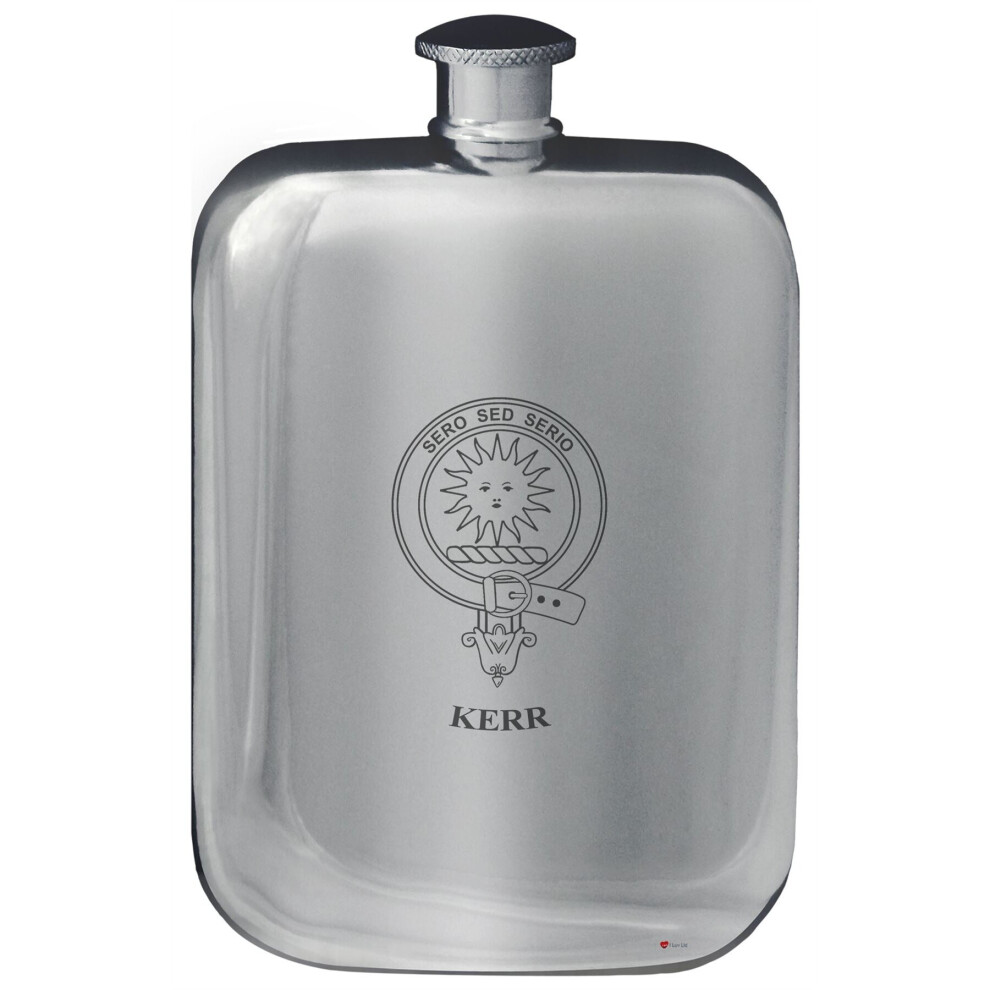 Kerr Family Crest Design Pocket Hip Flask 6oz Rounded Polished Pewter-image-OPC-P7CXWQ6-NEW