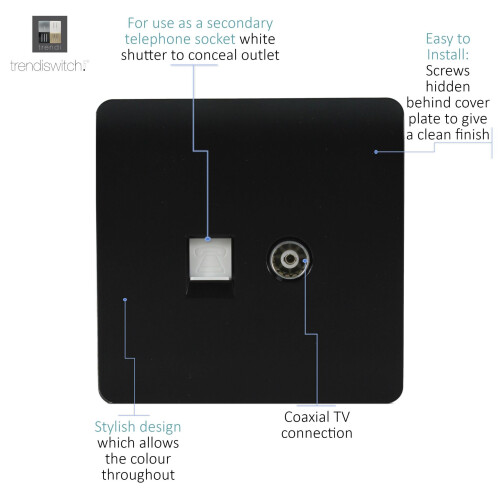 Trendi Switch Trendi TV Co-axial Socket + Telephone Socket Matt Black 1