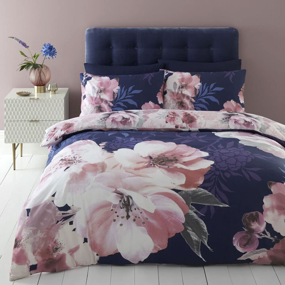 Catherine Lansfield Dramatic Floral Navy Single Duvet Cover Set Easy Care Bedding