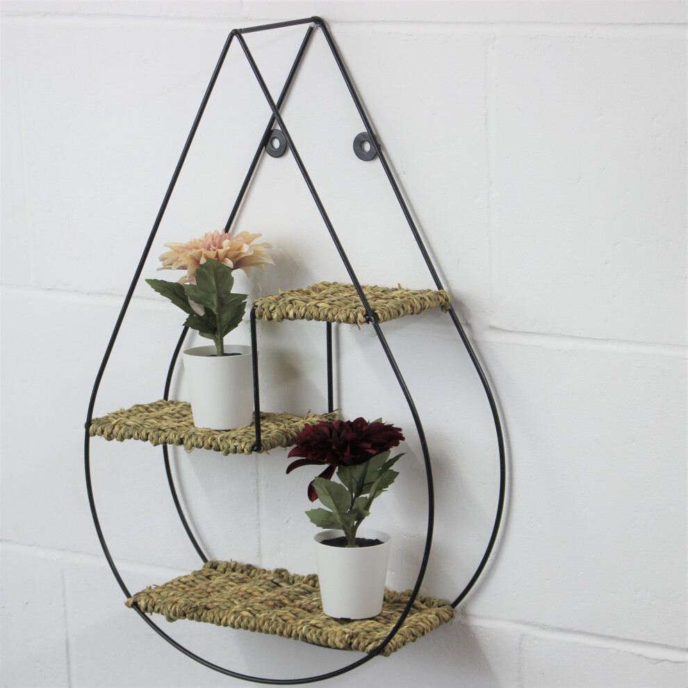 3 Tier Floating Shelf Wall Mount Hanging Shelve Black Metal Frame Woven Rope