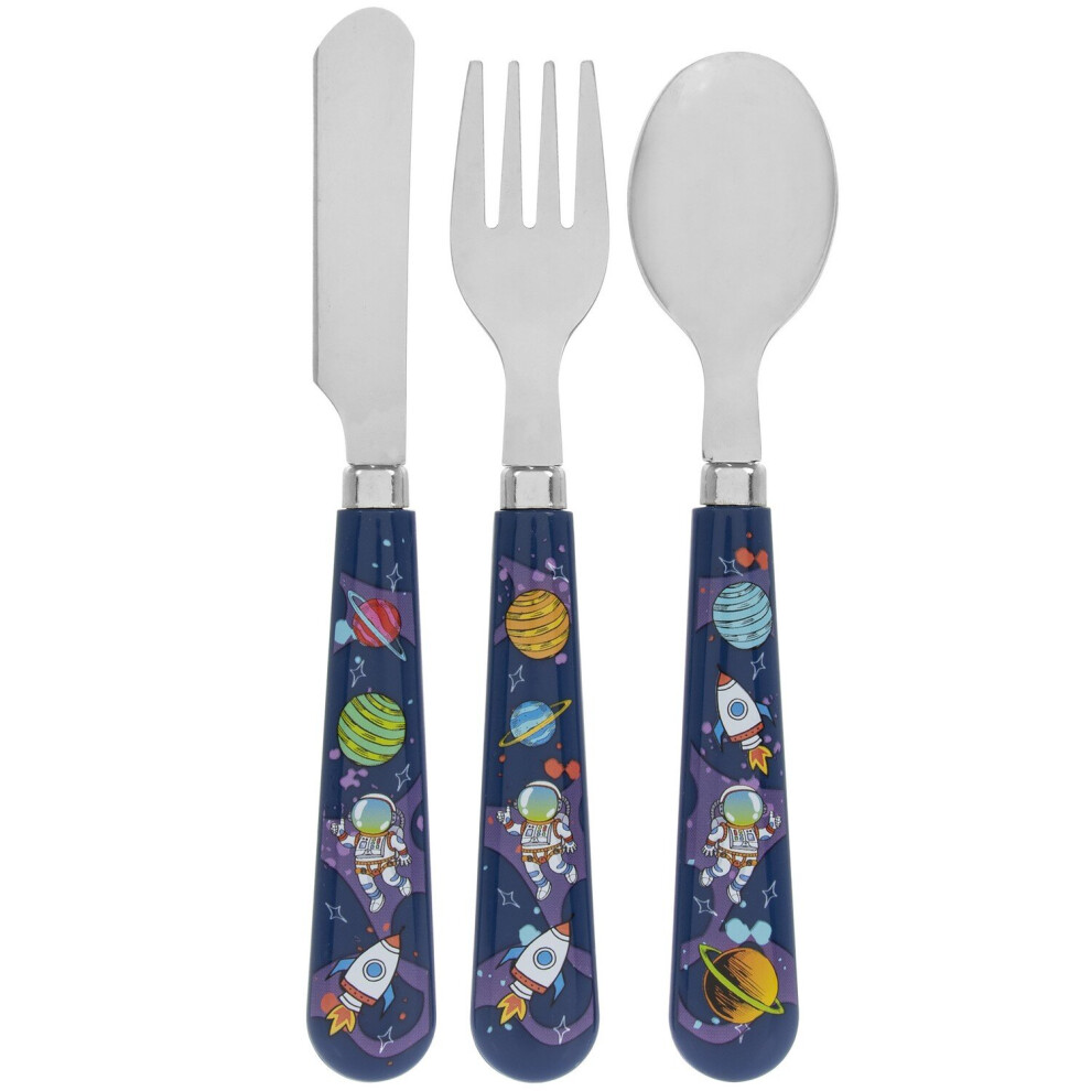 3pc Spaceman Design Childrens Plastic Spoon Fork Knife Kids Mealtime Cutlery Set