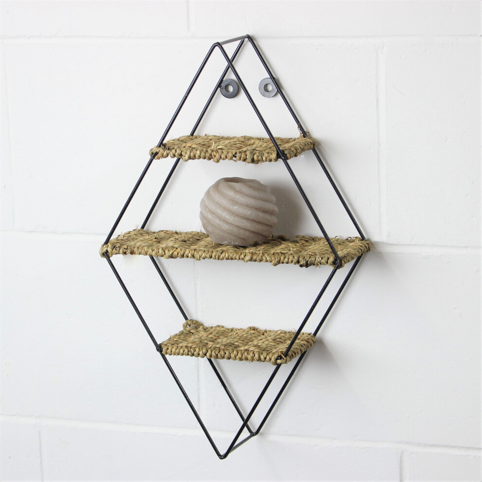 Diamond Floating Shelf Wall Mount Hanging Shelves Black Metal Frame Woven Rope