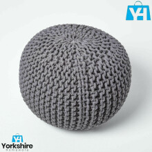 (Grey) Cotton Knitted Moroccan 50cm Pouffe & Footstool Round Large Chunky Ottoman Stool