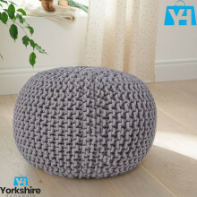 (Silver) Cotton Knitted Moroccan 50cm Pouffe & Footstool Round Large Chunky Ottoman Stool