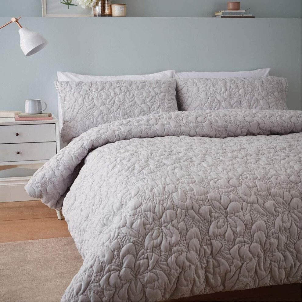 Catherine Lansfield So Soft Pinsonic Floral Grey Double Duvet Cover Set Quilted