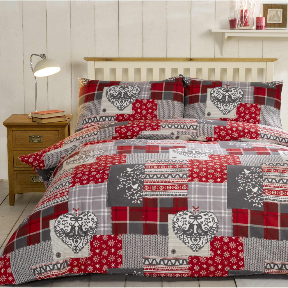 Alpine Patchwork Duvet Cover Set 100% Brushed Cotton  - Red - King Duvet Cover