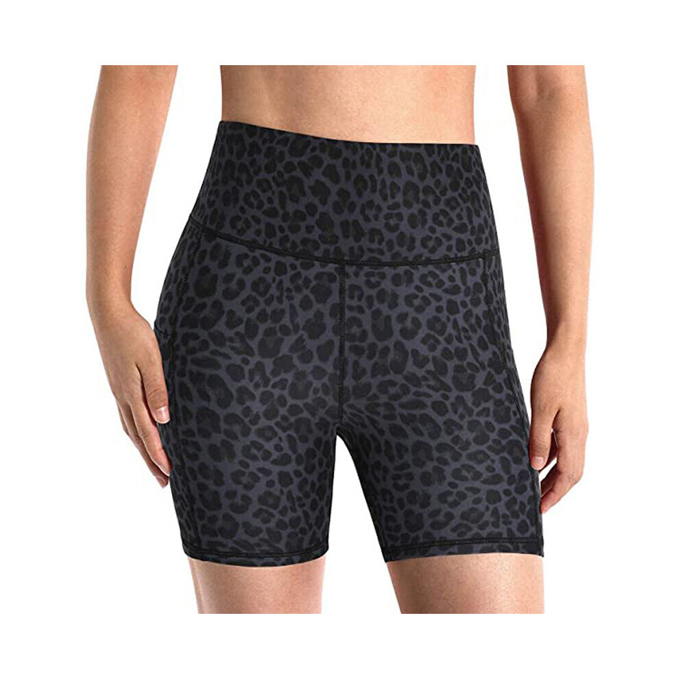 (Black, M) Women'S Leopard Print High Waist Yoga Shorts Workout Pockets