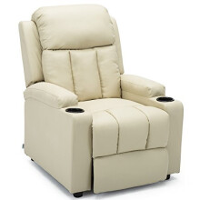 (Cream) Studio Recliner W Drink Holders Armchair Sofa Bonded Leather Chair Reclining Cinema