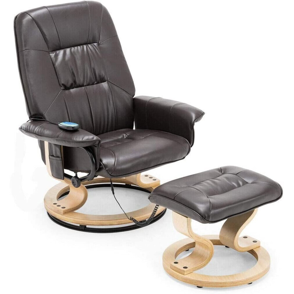 (Brown) Tuscany Bonded Leather Swivel Recliner Massage Chair W Foot Stool Armchair 8 Motor Massage Unit Built In