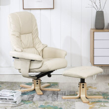 (Cream) Tuscany Bonded Leather Swivel Recliner Massage Chair W Foot Stool Armchair 8 Motor Massage Unit Built In