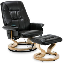 (Black) Tuscany Bonded Leather Swivel Recliner Massage Chair W Foot Stool Armchair 8 Motor Massage Unit Built In