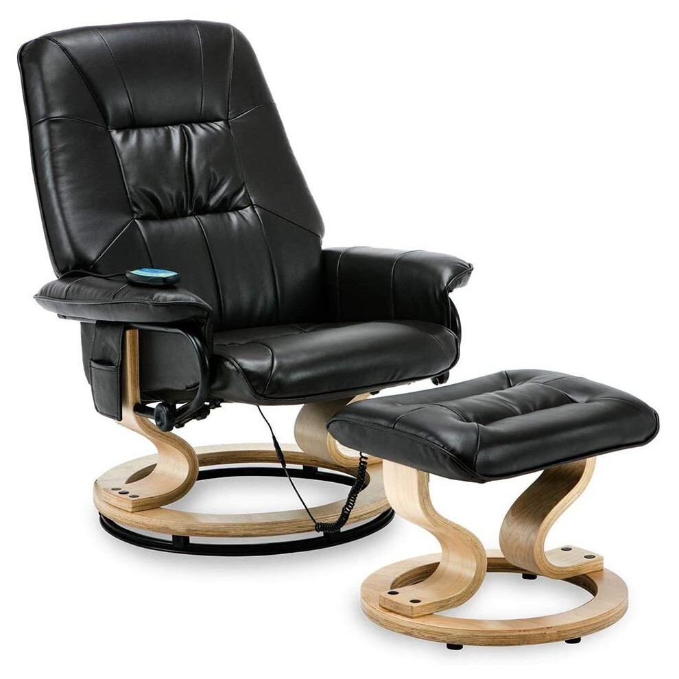 (Black) Tuscany Bonded Leather Swivel Recliner Massage Chair W Foot Stool Armchair 8 Motor Massage Unit Built In