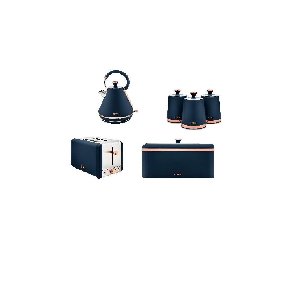 TOWER Cavaletto MIDNIGHT BLUE kettle, 2 slice toaster, bread bin and set of 3 cannisters