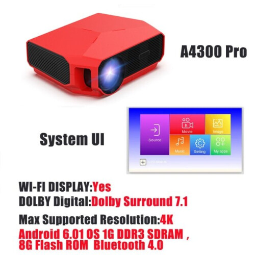 support 1080P 4K Mini Projector LED HD(Red)