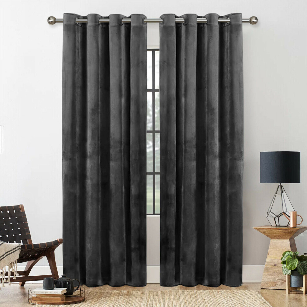 (CHARCOAL, 66X54) THICK VELVET CURTAINS PAIR OF EYELET RING TOP SOFT