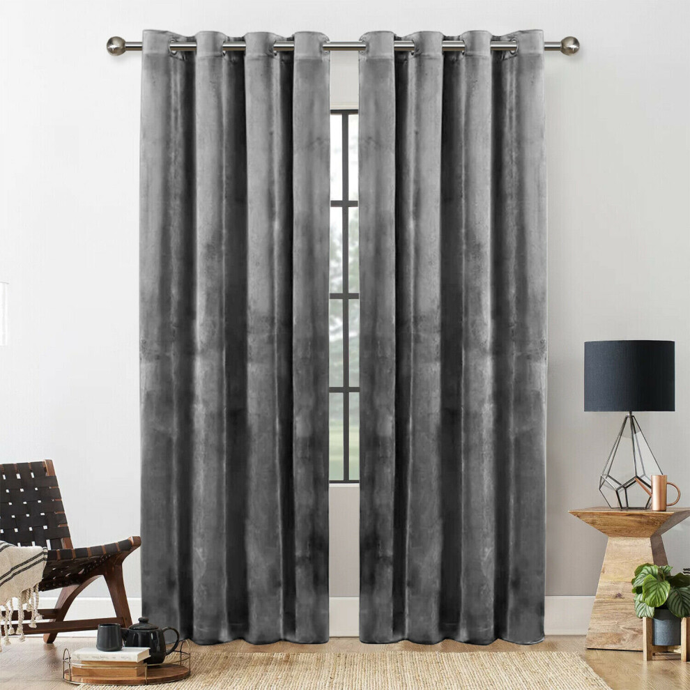 (GREY, 66X90) THICK VELVET CURTAINS PAIR OF EYELET RING TOP SOFT