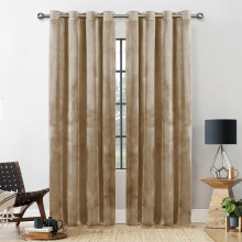 (BEIGE, 90X90) THICK VELVET CURTAINS PAIR OF EYELET RING TOP SOFT