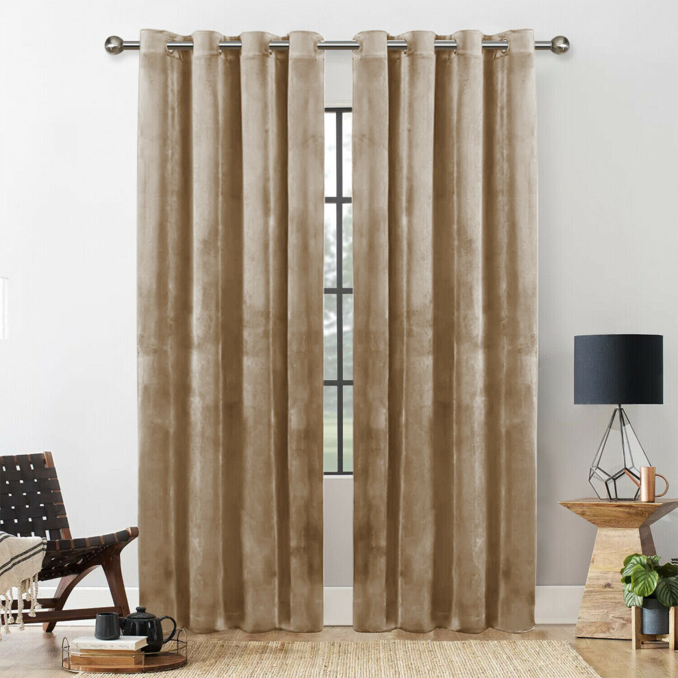 (BEIGE, 46X54) THICK VELVET CURTAINS PAIR OF EYELET RING TOP SOFT