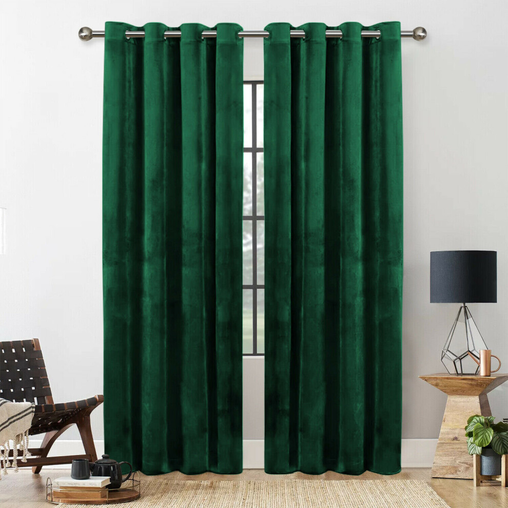 (GREEN, 66X90) THICK VELVET CURTAINS PAIR OF EYELET RING TOP SOFT