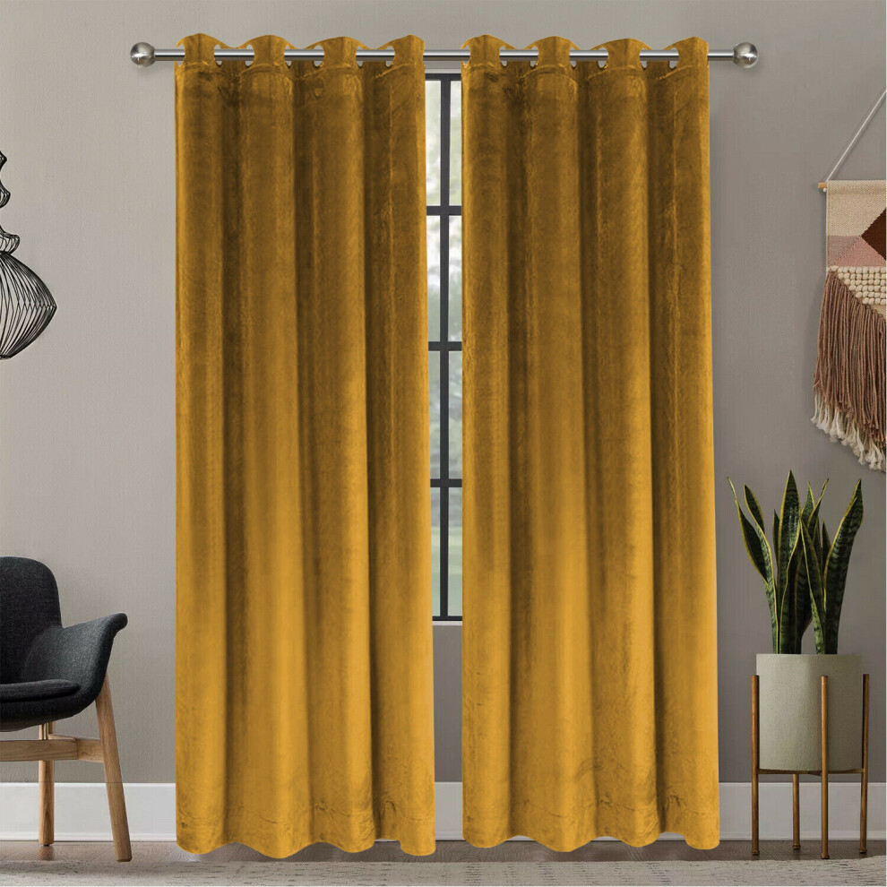 (OCHRE, 66X90) THICK VELVET CURTAINS PAIR OF EYELET RING TOP SOFT