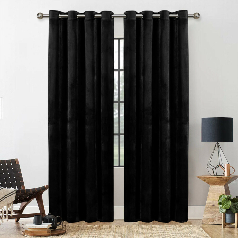 (BLACK, 90X90) THICK VELVET CURTAINS PAIR OF EYELET RING TOP SOFT