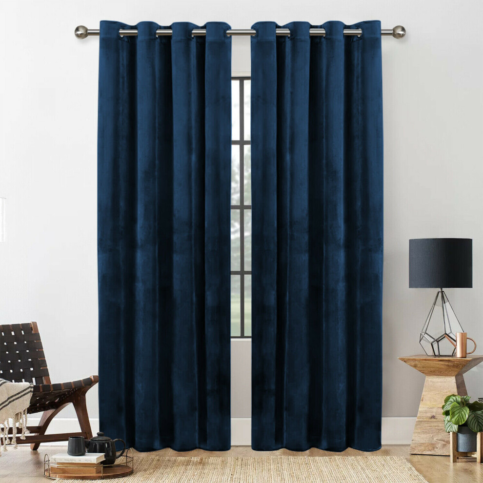 (BLUE, 46X54) THICK VELVET CURTAINS PAIR OF EYELET RING TOP SOFT