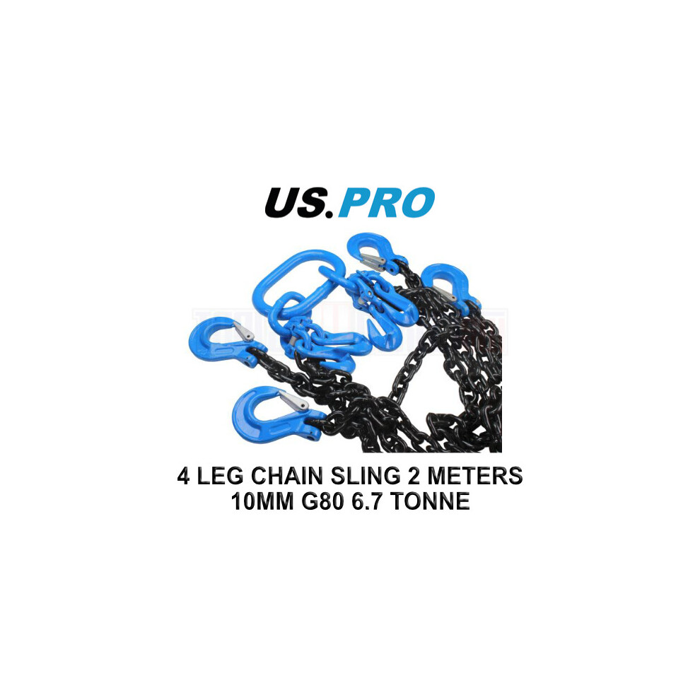 US PRO 4 Leg Chain Sling - 2 Meters 10MM G80 6.7 Tonne 9111